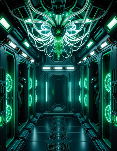 A dark, oppressive regeneration chamber deep within a Borg vessel â a biomechanical environment where drones return to recharge and interface with the collective. The chamber is dimly lit with pulsating green and white lights that flicker through dense shadows. The walls are lined with vertical alcoves, each containing a Borg drone standing motionless, plugged into the system via biomechanical tendrils, tubes, and neural interfaces embedded into their bodies.
The surfaces of the room are a fusion of metallic plating, organic texture, and cybernetic growths â as if the ship itself is alive, constantly shifting and adapting. Steam hisses softly from vents near the floor, and faint mechanical whirring echoes through the chamber. Fiber optic cables pulse with data transmissions, running across the ceiling like glowing veins. 
Above, a central neural conduit hangs like a mechanical spine from the ceiling, branching out and connecting to each alcove, feeding the collective hive mind with real-time information. The atmosphere is cold, sterile, and unnervingly silent â a place devoid of individuality, where only the will of the collective exists. There is no comfort here, only efficiency, order, and total control. 
<lora:SDXLFaeTastic2400:0.4> <lora:extremely_detailed:0.4> extremely detailed,<lora:borg_recharge_ch4mb3r:1>,borg recharge ch4mb3r, Masterpiece,best quality,hi res,8k,hi res,8k,award winning,(sharp focus, intricate, highly detailed),