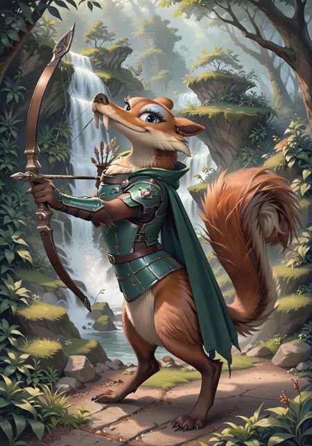 masterpiece, score_9_up, score_8_up, score_7_up, score_6_up, (best quality:1.1), ultra-detailed, high resolution, solo, highly detailed macro illustration BREAK scratte, squirrel, feral, saber-toothed, (beautiful detailed blue eyes:1.3), (fluffy tail:1.2), red-brown fur, adorable, (Determined expression, cute face:1.4), smirk, frown, blue eyeshadow, long eyelashes, looking at viewer BREAK (elven armor:1.3), (green cape:1.2) BREAK drawing bow (weapon), bow (weapon), aiming BREAK outside, fantasy forest, grass, river in the background BREAK sharp focus, perfect lighting, extremely detailed, high detail, cinematic softness, OverallDetail, zPDXL3