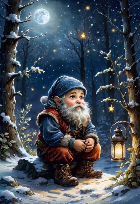 mj, cinematic, masterpiece, Luminism, A small sitting dwarf waits for the first snow to arrive. A epic image illustration, old mystery, magic ,in focus, night, fireflies, moonlight, watercolor painting, Jean-Baptiste Monge style, bright, beautiful in winter, splash, big perfect eyes, Shimmering, cute and adorable, filigree, herbs, plants, snow,leaves,farn,moos,edge lighting, lights, magic, fairy, fantasy, stunning, dreamy, wlop, artgerm and james jean, digital art, perfect composition, beautifully detailed, intricate, amazingly detailed octane, trending on artstation, 8k artsy, ultra hd, realistic, vivid colors, highly detailed, UHD drawing, pen and ink, perfect composition, beautiful detailed intricate insanely detailed octane render trending on artstation, 8k artistic photography, photorealistic concept art, soft natural volumetric cinematic perfect light, 4k,  Gabriele Dell'otto, Bob Peak,  bright saturated colors, watercolor, oil paints, HDR, 500px, 4k,
