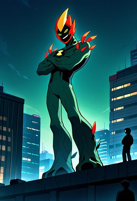 masterpiece, best quality, amazing quality, very aesthetic, absurdres, newest, 
swampfire, colored skin, spikes, colored sclera, 1boy, green skin, green eyes, pokemon (creature), shoulder spikes, no humans, smile,  green background, smiling,,
standing on building, night time, glowing eyes, from bottom, crossed arms, night city, sky scrapers