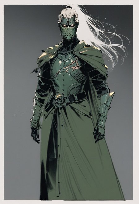 score_9, score_8_up, score_7_up, score_6_up, score_5_up, score_4_up, Nurgle's chosen, decayed queen, white long hair, high ponytail, scarred face, scar across eye, numerous scars, rotting, Mortarion-like, insect elements, green and brown color scheme, dark and ominous background, glowing eyes, corrupted armor, tattered cloak, pustules, diseased, surrounded by a dark aura, ethereal mist, high resolution, detailed, epic painting style, beautiful, attractive, curvy figure, elegant, striking appearance, alluring, ethereal beauty, slender, perfect body, stunning, gigantic decayed insect wings, Nurgle green armor, Nurgle green clothing, green gas-emitting gas mask
,yoji_shinkawa