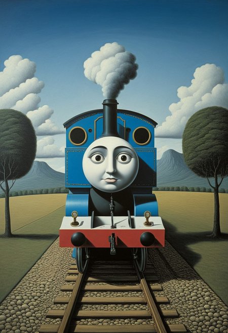 Thomas the Tank Engine.
Style tags: Surrealist art, Rafal Olbinski, René Magritte, Jean Arp, Frida Kahlo, Jan van Eyck, William Hogarth, Pierre-Auguste Renoir, Xidong Luo, Kazimir Malevich, nvcmsdx, dunn, traditional media, abstract, painting (medium)