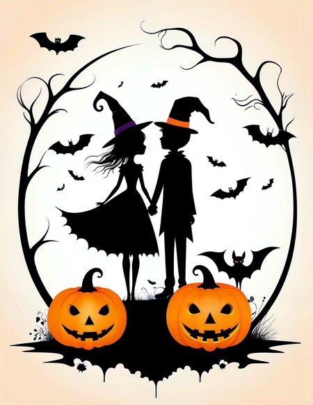 an enchanting couple, Adorable, Cute Halloween themed Ink Blot, organic shapes, high contrast, ink blot style, Halloween, playful, whimsical, Halloween elements, composition, framing