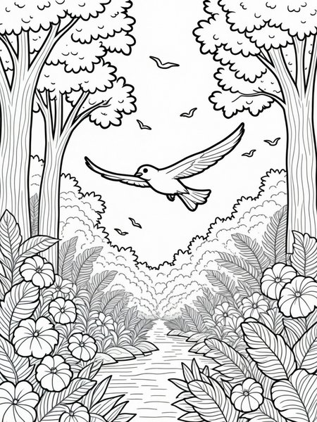 A simple monochrome line drawing for a coloring book.

A bird gliding through the air, surrounded by a lush tropical forest filled with trees and flowers.


<lora:LineDrawing03_CE_XL_300-OT:0.6> lndrwngCE_style