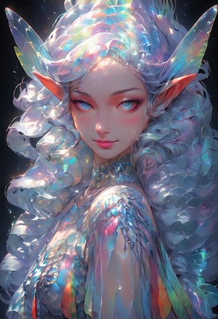 zPDXLxxx ((score_9, score_8_up, score_7_up)), masterpiece, perfect anatomy, perfect face, 1r1d3sc3nc3, liquid marble, 1girl, solo, fairy queen BREAK long hair, pale hair, elfin ears, pointy ears, long ears, pale skin, rainbow eyes, medium breasts, lean body, smooth skin, pink lips, iridescent wings BREAK fairy dress, iridescent dress BREAK ((fantasy marble hall)), detailed background, smile, blush, one hand on cheek