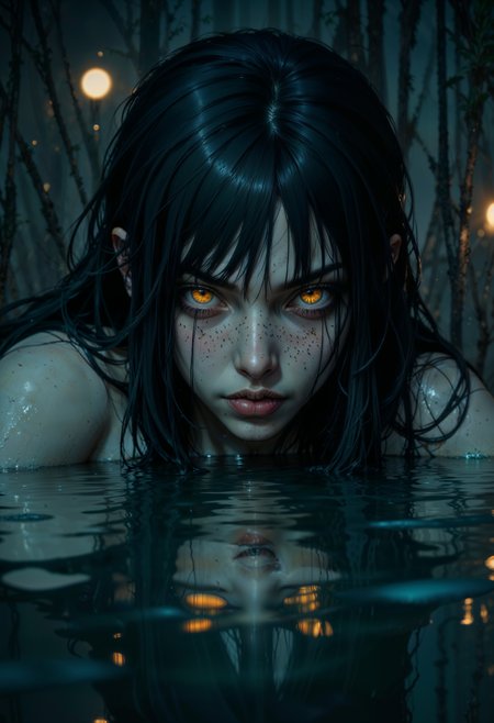 a close-up of a woman's face partially submerged in water. Her skin is pale, and her wet, dark hair clings to her face, adding a dramatic effect. The most striking feature is her glowing yellow eyes, which stand out against the dimly lit background. The water reflects her face, creating a mirror-like effect. The setting appears to be a natural body of water, with reeds and a faint light source visible in the background, suggesting a nighttime scene. The overall mood is mysterious and slightly eerie, enhanced by the dark color palette and the intense gaze of the subject.