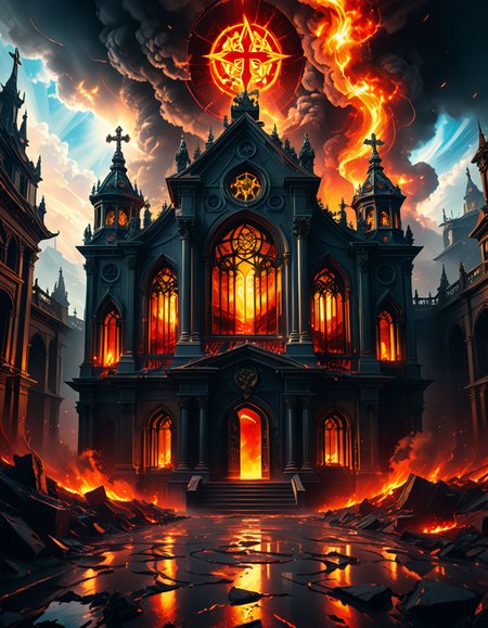 A once-majestic celestial temple, now under siege by the forces of Hell. The grand white stone structure is cracked and scorched, its golden crosses twisted and broken. The stained-glass windows, once glowing with warm divine light, are now shattered, with demonic symbols glowing ominously in their place. The sky, once a serene blue, is now consumed by dark storm clouds, swirling with red lightning and thick smoke.
Black, jagged chains extend from the sky, wrapping around the temple as if trying to pull it down into the abyss. The once-fluffy clouds beneath the structure are now a chaotic mix of fire, ash, and dark mist, with glimpses of molten lava cracks below. Infernal creatures with glowing red eyes lurk in the shadows, their silhouettes barely visible through the smoke and fire.
The temple doors are blown open, revealing an eerie red glow emanating from within, as if Hell itself is consuming the sacred space. Massive demonic runes are etched into the stone, pulsating with an unholy energy. The entire scene is bathed in a deep crimson and orange glow, giving it an apocalyptic and nightmarish atmosphere.
Style & Lighting:
- Dark fantasy, highly detailed
- Dramatic, high-contrast lighting with fiery glows
- Cinematic composition, epic scale
- Strong use of shadows, embers, and atmospheric foghighly detailed and atmospheric view from inside a massive birdcage, large enough for a human to stand inside. The cage is made of ornate, aged metal bars with intricate Victorian-style patterns, curving elegantly towards the domed ceiling. Sunlight filters through the gaps between the bars, casting long, dramatic shadows on the wooden floor. Delicate vines and small flowers have begun to grow around the bars, adding a touch of nature reclaiming the space. The background beyond the cage is blurred, hinting at a lush garden or a mysterious, abandoned mansion. The ambiance is serene yet slightly melancholic, with warm golden light illuminating dust particles floating in the air. Soft feathers are scattered on the floor, adding to the sense of quiet abandonment. The perspective makes the viewer feel as if they are inside the cage, looking outward, surrounded by both beauty and confinement. The style is highly detailed and realistic, with a cinematic and slightly surreal atmosphere.
<lora:SDXLFaeTastic2400:0.4> <lora:extremely_detailed:0.4> extremely detailed,evil celestial t3mpl3, <lora:evil_celestial_t3mpl3-p:1>, Masterpiece,best quality,hi res,8k,hi res,8k,award winning,(sharp focus, intricate, highly detailed),