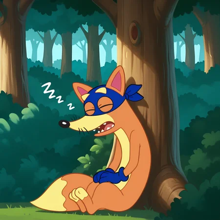<lora:Swiper_Dora_-_Illustrious:1>  Swiper, 1boy, blue mask, blue gloves, sleeping, eyes closed, open mouth, snoring, sitting, against tree, sunlight, forest, trees, plants, bushes, masterpiece, masterwork,