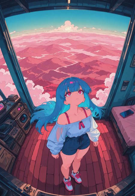 masterpiece, best quality, amazing quality, very aesthetic, absurdres,  newest, scenery,
, looking up, see-through bang, blue hair, pink eyes, long hair, off-shoulder top, red spaghetti strap,

blue hair, long hair, bangs

off shoulder top, oversized top, white outfits, bare legs, sneakers, casual outfit,

skindentation, (chubby thick legs, thick legs, chubby legs, thick calf), athlete ankles, 
 ((from above)),
seductive, bed, indoor, dynamic pose, animated, dynamic angle, upper body, close-up, portrait, from above, fisheye lens, detailed face, colorful, close-up, volumetric lighting,

nurzhan bekkaliyev, Elephant_Legs, thick thighs, thick legs, fl4t,