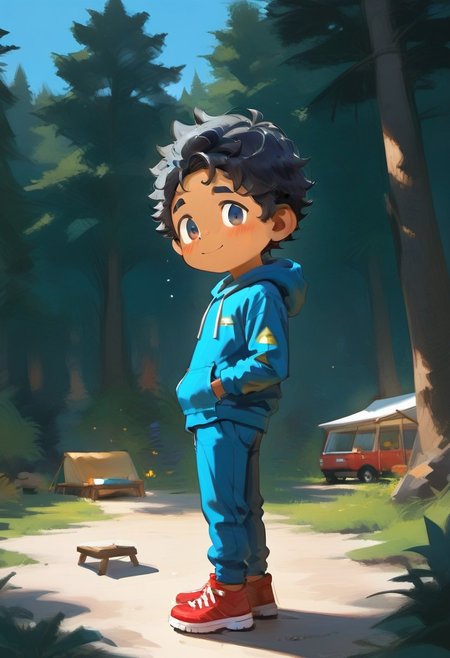 score_9, score_8_up, score_8, ((high_quality)), ((Super_Detailed)),  1boy,(max (camp camp),:1.2) solo, hood, blue hoodie,, yellow shirt, blue pants, red shoes, (curly black hair,:1.2) dark skin ,cute, chibi, small body, cartoony, cartoon style, (by ardidon:1.2),max ((Super_Detailed)),camp background, cartoony, cartoon style, (by ardidon:1.2),max, dynamic angle, side view, view from the side, full body, excited face, fear face, blushing, digital art
