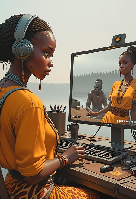 African Princess As a Twitch Streamer, bored.
Many details everywhere. 
Ray-Tracing. 
Anti-Aliasing. 
Realistic reflections. 
Realistic soft shadows. 
Slightly desaturated colors. 
Insane quality. 
Insane resolution. 
Insane details. 
Masterpiece. 
16k resolution.
By Simon Stalenhag.