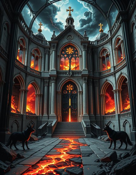 A once-majestic celestial temple, now under siege by the forces of Hell. The grand white stone structure is cracked and scorched, its golden crosses twisted and broken. The stained-glass windows, once glowing with warm divine light, are now shattered, with demonic symbols glowing ominously in their place. The sky, once a serene blue, is now consumed by dark storm clouds, swirling with red lightning and thick smoke.
Black, jagged chains extend from the sky, wrapping around the temple as if trying to pull it down into the abyss. The once-fluffy clouds beneath the structure are now a chaotic mix of fire, ash, and dark mist, with glimpses of molten lava cracks below. Infernal creatures with glowing red eyes lurk in the shadows, their silhouettes barely visible through the smoke and fire.
The temple doors are blown open, revealing an eerie red glow emanating from within, as if Hell itself is consuming the sacred space. Massive demonic runes are etched into the stone, pulsating with an unholy energy. The entire scene is bathed in a deep crimson and orange glow, giving it an apocalyptic and nightmarish atmosphere.
Style & Lighting:
- Dark fantasy, highly detailed
- Dramatic, high-contrast lighting with fiery glows
- Cinematic composition, epic scale
- Strong use of shadows, embers, and atmospheric foghighly detailed and atmospheric view from inside a massive birdcage, large enough for a human to stand inside. The cage is made of ornate, aged metal bars with intricate Victorian-style patterns, curving elegantly towards the domed ceiling. Sunlight filters through the gaps between the bars, casting long, dramatic shadows on the wooden floor. Delicate vines and small flowers have begun to grow around the bars, adding a touch of nature reclaiming the space. The background beyond the cage is blurred, hinting at a lush garden or a mysterious, abandoned mansion. The ambiance is serene yet slightly melancholic, with warm golden light illuminating dust particles floating in the air. Soft feathers are scattered on the floor, adding to the sense of quiet abandonment. The perspective makes the viewer feel as if they are inside the cage, looking outward, surrounded by both beauty and confinement. The style is highly detailed and realistic, with a cinematic and slightly surreal atmosphere.
<lora:SDXLFaeTastic2400:0.4> <lora:extremely_detailed:0.4> extremely detailed, <lora:evil_celestial_t3mpl3-i:1>,evil celestial t3mpl3, Masterpiece,best quality,hi res,8k,hi res,8k,award winning,(sharp focus, intricate, highly detailed),