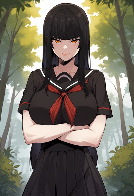 score_9, score_8_up, score_7_up, score_6_up, source_anime, rating_explicit, 1girl, solo, huge breasts, <lora:President Hong prefectPonyxl:0.9> black hair, long hair, hime cut, blunt bangs, orange eyes, mole under mouth, school uniform, black serafuku, short sleeves, black shirt, black sailor collar, red neckerchief, black skirt, pleated skirt, smirk, forest, outdoors, looking at viewer, crossed arms