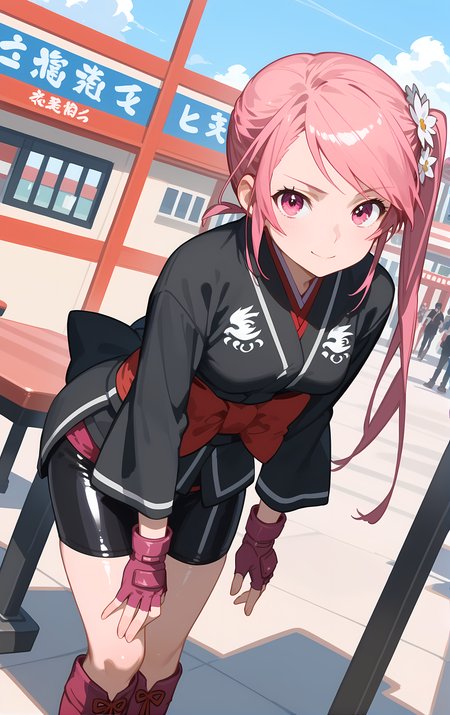 (score_9, score_8_up, score_7_up), standing, leaning forward, looking at viewer, light smile, closed mouth, shiny skin, tight clothes,
ohwx, 1girl, solo, side_ponytail, pink_hair, pink_eyes, bow, long_hair, hair_flower, flower,
japanese_clothes, fingerless_gloves, gloves, kimono, black_kimono, bike_shorts, boots,
restaurant,
cowboy shot, dutch angle, close-up,
 <lora:benitsubasa_pony_ss:1>