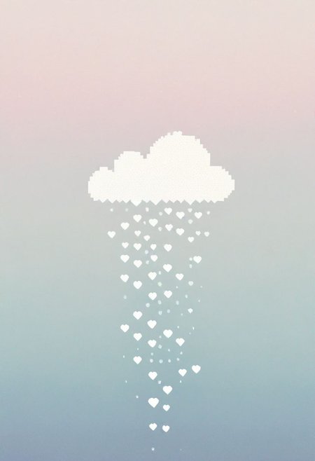 minimalist, pixel art, single pixelated cloud, delicate rain of tiny pixelated hearts, negative space, white canvas, subtle gradients, soft pastel colors, focus on simplicity, symbolic, evocative