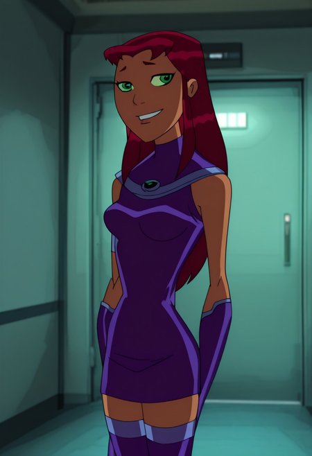 lazypos, masterpiece, best quality, amazing quality,detailed eyes, hi res, ultsm99, starfirett, 1girl, red hair, solo, long hair, green eyes, orange skin, armlet, gorget, crop top, midriff, purple skirt, green sclera, breasts, purple footwear, bracer, seductive, smirk, closed_mouth, looking at viewer, dynamic pose, indoors, hallway, elevator door,