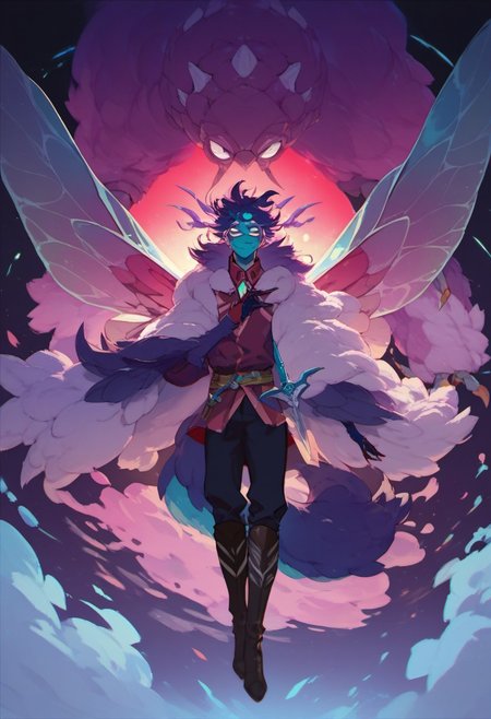 score_9, score_8_up, score_7_up, score_6_up,  faerie rogue, dagger strike, beautiful, dark bold line work, occult singles and runes, heavy black boots, highly detailed face, insect wings, fluffy fur, monster, perfect eyes looking at viewer, colored skin, cyan and purple