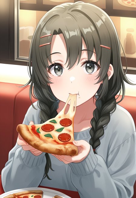 1girl, oregairumeguri, brown hair, long hair, twin braids, hairclip, black eyes, holding pizza, eating, looking at viewer, cute, restaurant, <lora:Meguri_ill_v1:1>, masterpiece, best quality, high quality, detailed, absurdres