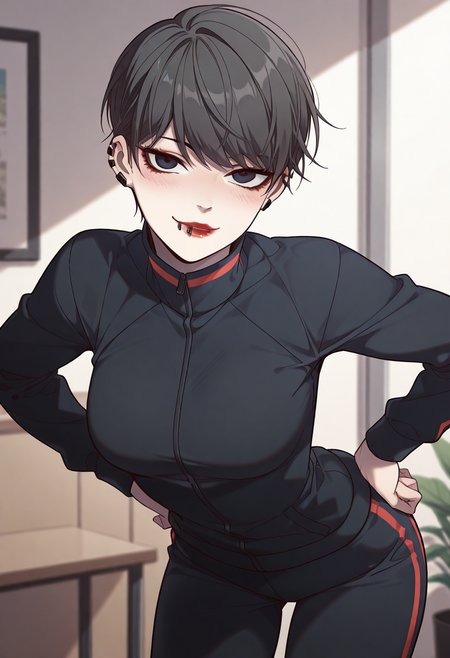 1girl, Subin_Lee, earrings, ear piercing, lip piercing, piercing, red lips, makeup, no pupils, black eyes, bangs, medium breasts, short hair, lipstick, track_suit, track suit, zipper, turtleneck, long sleeves, red stripe on turtle neck, hands on own hips, blush, naughty face, seductive smile, looking at viewer, cowboy shot, leaning forward, arched back,   <lora:Subin_Lee:1> 
BREAK
(masterpiece, best quality, high quality, highres, ultra-detailed),<lora:KonyaKarasue:0.35>  <lora:ponyv4_noob1_2_adamW:0.6>  (masterpiece, best quality, high quality, highres, ultra-detailed), detailed eyes,