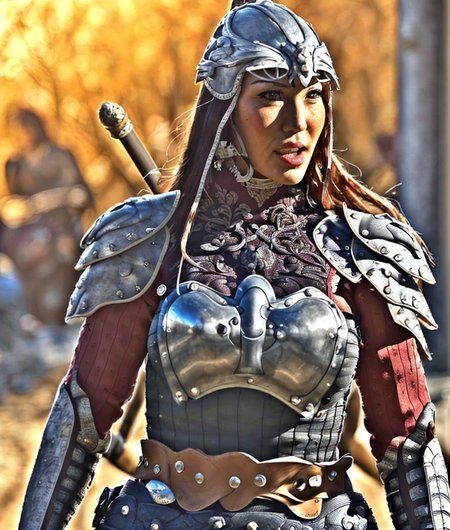 RAW photo, (masterpiece:1.3), subsurface scattering, heavy shadow, (high quality:1.4), (intricate, high detail:1.2), professional photography, HDR, High Dynamic Range, realistic, ultra realistic, photorealistic, high resolution, film photography, ambient lighting, atmospheric effects, <lora:detail_slider_v4:2>, OverallDetail,  AvaD, <lora:AvaD:1> , as a female monar warrior, wearing light armor, leather armor, shield, helmet, spear,<lora:MongolArmor:0.8>, epiCPhoto