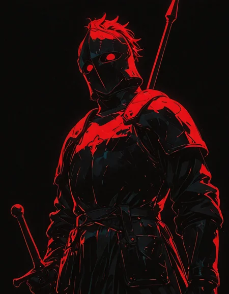 masterpiece,dutch angle, long view shot,  1boy,1 weapon,knight, helmet, armor, medieval , detailed, very awa,(fisheye1.2), aesthetic,neon_silhouette_style, silhouette, monochrome, sketch, illustration,simple background,black background,
 <lora:neon_silhouette_illustriousXL:0.8>  <lora:retro_scifi_artstyle:0.2>