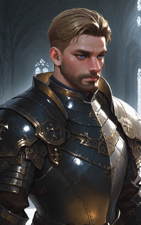 very awa, masterpiece, best quality, absurdres, newest, perfect quality, detailed background, intricate details, male focus, 1boy, mature male, blue eyes, dark blonde hair, sexyskimpyarmor, ssarmor, <lora:Kingdom_Come_Deliverance_II__Hans_Capon:1>, <lora:Sexy_Male_Armor_V2:0.75>