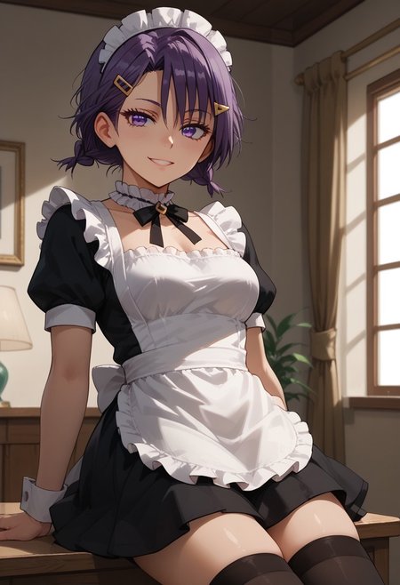 score_9, score_8_up, score_7_up, score_6_up, (1girl ), (solo),
BREAK,
HDA_MasterpieceXL_v.1,
BREAK
1girl: <lora:Asumi_Kominami BWBGD-V1>,asumi kominami,
Shoulder-length hair,bangs, purple eyes, purple hair,loose hair,(not bangs),smile,
medium breasts.
BREAK
half body,maid, maid dress, enmaided, maid headdress, 
neck ribbon, frilled choker, black dress, 
white apron, puffy short sleeves, black thighhighs, light,mini skirt