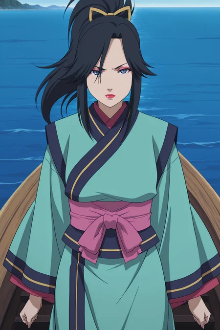 masterpiece, best quality, anime coloring, anime screencap,
 <lora:Amaru_Hanare_Isaribi_and_Koyuki_Naruto:.9>
outside, on the deck of a boat,
Koyuki Kazahana (character), black hair, long hair, blue eyes, Koyuki green kimono outfit, Japanese clothes, long sleeves, ponytail, (makeup, lipstick, eyeshadow),
looking at the viewer, serious face, cowboy shot, lips parted,