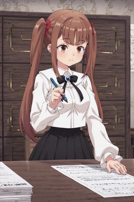 detailed background, shiny skin, posing,
<lora:guilmas.il:1>,
guilmas,
laila, 
clothed girl,
desk, holding pen, paper, working,