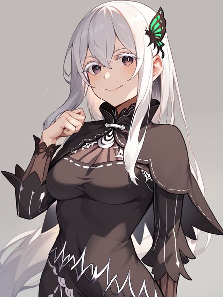 score_9,score_8_up,score_7_up,<lora:echidna_(re_zero):1>,md5_mismatch, medium_breasts, echidna_\(re:zero\), colored_eyelashes, 1girl, source_larger, looking_at_viewer, commentary, closed_mouth, solo, black_dress, light_smile, star_\(symbol\), photoshop_\(medium\), arm_behind_back, grey_background, black_capelet, highres, resolution_mismatch, revision, standing