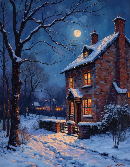 Painting of a winter landscape, snow on the ground, night time, moon, dead trees,  red brick townhouse sits alone, a windows are lit with warm light.  <lora:OBä¸­ä¸çºªæ²¹ç»v1.1:1> OByouhua, oil painting