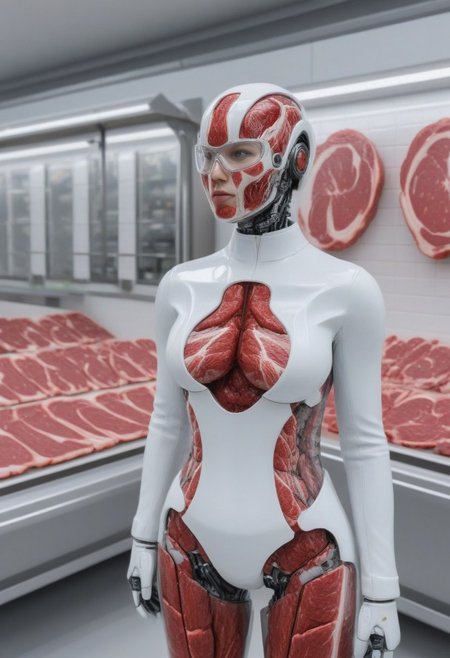 highly detailed, ultra realistic, featureless buxom cyborg, made of meat, white work uniform, working in a butcher shop, psych3delic