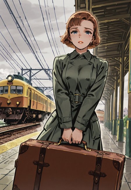 1girl, solo, 1940s coat dress, wavy brown hair, vintage bob hairstyle, blue eyes, holding a suitcase, tearful expression, tears, crying, BREAK, 

medium shot, standing at a train station, steam train in background, dynamic angle, looking at viewer, emotional farewell, BREAK, 

outdoors, 1940s train station, vintage signage, steam train, blurred passengers, moody lighting, overcast sky, BREAK,

vintage romance comic, muted colors, neutral palette, sepia tones, ink crosshatching, official style, original art style, (safe_pos, fine texture, masterpiece, ultra-detailed, very aesthetic, absurdres, volumetric lighting, scenery), BREAK.