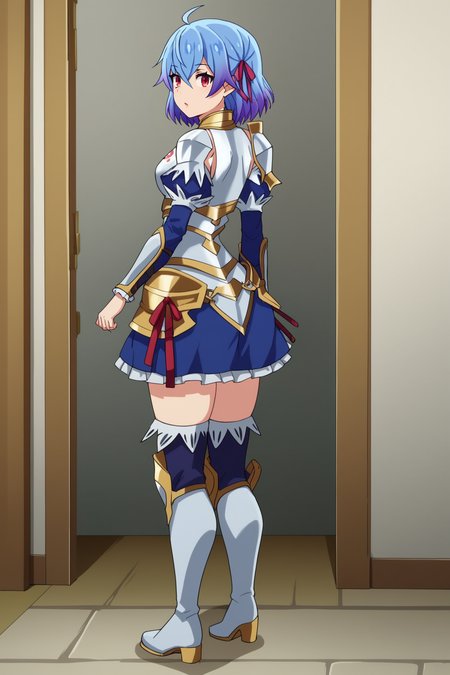 score_9, score_8_up, score_7_up, score_6_up, BREAK, RutiBHPXL, red eyes, blue hair, purple hair, gradient hair, short hair, hair ribbon, red ribbon, ahoge, hair between eyes, medium breasts, white armor, breastplate, detached sleeves, blue sleeves, single pauldron, hip armor, blue skirt, white thigh boots, solo, full body, standing, from behind, big ass, surprised, looking at viewer, indoors <lora:RutiBHPXL:1>