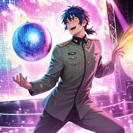 masterpiece, best quality, amazing quality, absurdres, newest, detailed background, definition so sharp, Ultra-HD, 8K cinematic, very awa, impressionate, amazing quality, highres, 
solo, male focus, manly, 
daikakukokujouji, 1boy, short hair, tied hair, low tied hair, lieutenant_pretime, lieutenant_blue hair, lieutenant_brown eyes, dancing, energetic pose, open mouth smile, clumsy moves, colorful lighting, disco ball, upbeat music, joyful, cool, energetic, charming, funny