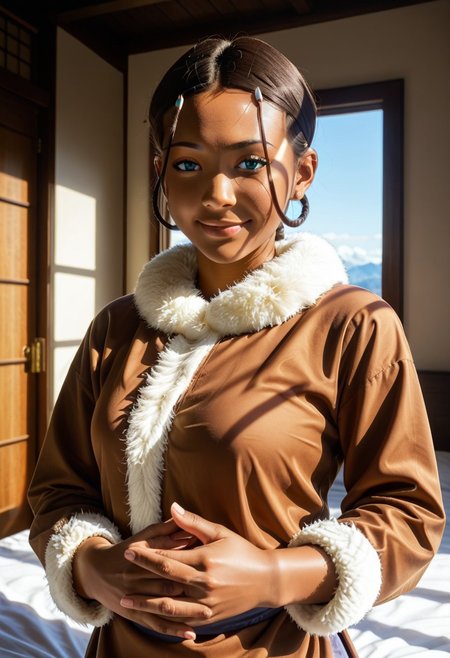 score_9, score_8_up, score_7_up, realistic, realism, HD, perfect quality, 16k, very detailed, realistic lighting, detailed face, BREAK, (((good_hands))), (((perfect eyes, bedroom eyes, (light smile:0.5)))),  BREAK, solo, 1girl, (((Katara-BookWater, blue eyes, short hair, brown hair, hair ornament, dark skin, dark-skinned female))), eye_focus, ((medium breasts, big ass)), (bedroom eyes), looking at viewer, nervous, seductive, sensual, medium body size, slightly small neck, plumb body, voluptuous hips and thighs, curvy body size, microwaist, (feminine body, soft body:1.5), BREAK,  dark skin, blue eyes, smile, hair ornament, brown hair, upper body, 1girl, dark-skinned female, closed mouth, male focus, hairclip, short hair, dark-skinned male, 1boy, black hair, fur trim