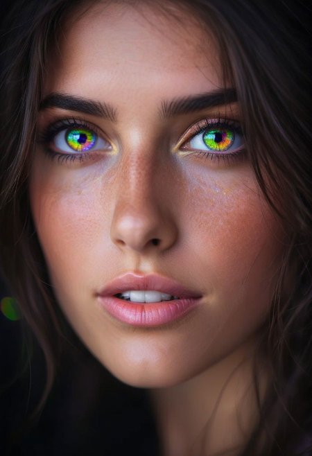 Half Portrait, natural photography, black neat background, flirty, brunette, detailed bright rainbowiridal palette eyes, intense gaze, bokeh, hasselblad