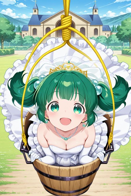 absurdres, highres, masterpiece, best quality, amazing quality, official anime artwork, screencap, anime screencap, outdoors, looking at viewer,  open mouth, smile, midair, church,n
<lora:Kisume_Illustrious:1> kisume, 1girl, solo, green eyes, green hair, short hair, short twintails,, kisume \(bespoke white bucket\), alternate costume, veil, gold tiara, earrings, necklace, cleavage, white dress, wedding dress, strapless dress, frilled dress, back bow, white bow, collarbone, white gloves, elbow gloves, yellow rope, wooden bucket, in bucket,