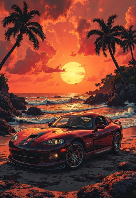 A graphic illustration, in black and white, of an ocean landscape with a bright orange sunset.streets,.photoshoot near the ocean at sunset near  car Dodge Viper (1992)
 <lora:Dieselcore:0.7> d1eselc0re <lora:Glitchcore_Flux:0.4> gl1tchc0re