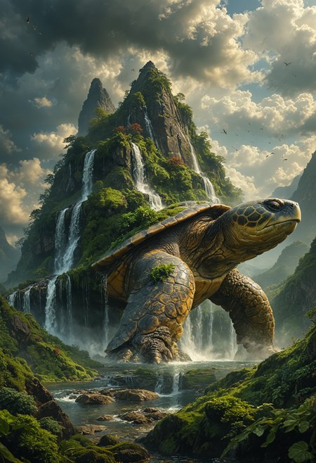 A majestic and colossal turtle that is part of the landscape, with a mountain integrated into its shell, Waterfalls cascade down from the mountain peaks, lush greenery covering the turtle's back, the turtle's head and limbs are made of rocky textures, adorned with patches of moss and vegetation, set against a backdrop of dramatic clouds and sky, birds soaring around the towering figure, atmosphere is serene and mystical, sense of ancient and natural magic, <lora:MJ52:0.4>, <lora:xl_more_art-full_v1:0.4>