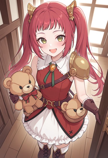 highres, best quality, masterpiece, indoors,
1girl, solo, pcrayane, twintails, red hair, long hair, green eyes,
payndef, hair ornament, red dress, collared dress, sleeveless dress, white collar, brooch, green ribbon, lanyard, single pauldron, shoulder armor, brown gloves, bear bag, waist bag, white skirt, frills, thigh boots,
looking at viewer, blush, smile, open mouth, 
standing, holding teddy bear, pkc teddy bear, large teddy bear, 
from above,
<lora:_ayane_pcr-elesico-ilxlA-000014:1>