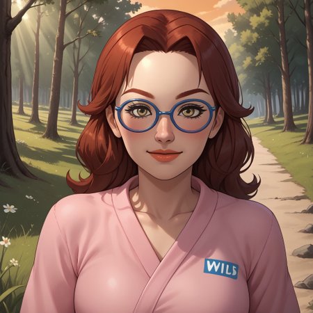 score_9, score_8, BREAK, solo, wii, mii, wii sports, 1girl, female mii, dark yellow eyes, blush, dark red hair, dark red eyebrows, lips, blue glasses, pink clothing, white pants, shoes, cute, nintendo mii, modern_mii, classic_mii, breasts, Helen_(Wii_Sports), sexy pose, self portrait, smile, outdoors, sunlight, shadows, evening lighting, natural lighting, forest, trees, grass, orange sky, sunset