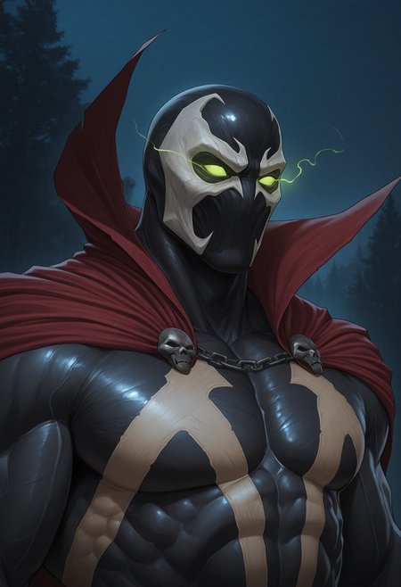 solo, 1boy, male focus, portrait, sp4wn, mask, green glowing eyes, no pupils, red cape, muscular, outdoors, night, (three-quarter view:1.2), 
perfect anatomy, masterpiece, perfect quality, best quality, detailed, newest, very aesthetic <lora:Spawn_Marvel_V1_ILXL:0.8>