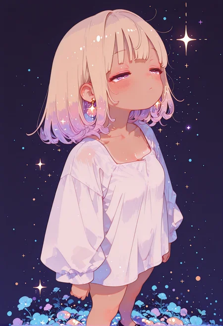 masterpiece, best quality, absurdres,
volumetric lighting, dynamic lighting, cinematic lighting,
dynamic posture ,
face shot, face focus,
1girl,
(from above),
tanned skin,
inner hair color, ash blonde hair , gradient hair,
medium hair ,
blunt bangs,
purple  eyes,
half closed eyes ,
ultra detailed eyes, small breasts  , [[[abs]]],
oversized white tank dress, long sleeve, no pants, no bottom wears,  pumps
, arched eyebrow , , earrings, ear pierces
,
,
BREAK
[[skindentation]:0.5], chubby, ((chubby thick legs), thick legs, chubby legs), thick calf, [[muscular legs]:0.95],
sleepy, in sleepy mood
,
(
simple background,
simple gradient   pastel  turquoise blue  background
),
,
detailed eyes,
fl4t, MF9f,
perfect hands, Bright_illu, sparkle, too many light particles, ethereal brushstroke,
<lora:sdxl_turbo_weghts_beta_v0_1_0:0.95>
<lora:Namori_Illustrious:0.8>
<lora:Bright_style:0.75>
<lora:fl4t:1.2>
<lora:tu11_v1:0.9>
<lora:Illustrious:0.45>,
,