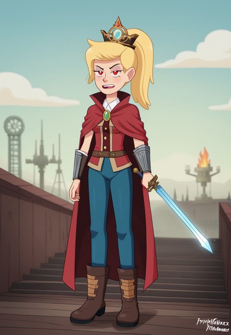triplevexx, flame_princess, adventure_time, 1girl, red_eyes, blonde_hair, the intrepid time traveler, steps out of a vintage time machine, wearing a stylish steampunk outfit, ready to explore a new era. [Steampunk, Time Travel, Adventure]