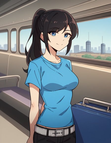 score_9, score_8_up, score_7_up, source_anime, <lora:classof09-nicole-ingame-ponyxl-lora-nochekaiser:1>, nicole, long hair, blue eyes, black hair, ponytail, medium breasts,, shirt, short sleeves, belt, pants, black pants, blue shirt, t-shirt, train station, waiting for train, suitcase, traveling, commute, city skyline, hands behind back,, , looking at viewer, smile, solo,, dutch angle,