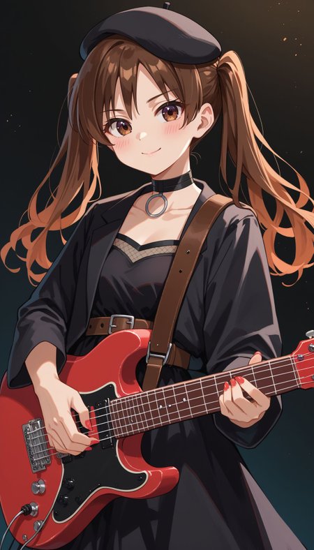 score_9, score_8_up, score_7_up, source_anime <lora:Ootsuki Yoyoko:0.8> ootsuki_yoyoko, holding instrument, 1girl, electric guitar, brown hair, twintail, black headwear, long hair, black jacket, hat, black choker, black dress, closed mouth, beret, plectrum, simple background, long sleeves, collarbone, blush, playing instrument, brown eyes, nail polish, belt, looking at viewer, music, smile, concert background, lighting ,