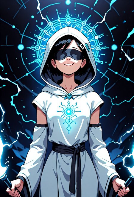 1gril, solo, Marcy, black hair, short hair, hairclip, dynamic angle, cowboy shot, action pose, glowing (circuit tattoo:1.2), robe, detached sleeves, hood up, noble, simulator, blindfold, covered eyes, shaded face, smug,  holding polearm, sanctuary, runes, (electricity:0.5), over technology, geometry, white theme, polarized, chromatic aberration, disintegration effect, (abstract expressionism:0.6), fantasy, science fiction, future, ancient, masterpiece, best quality, amazing quality, very aesthetic, absurdres, newest, <lora:circuit_tattoo:1>