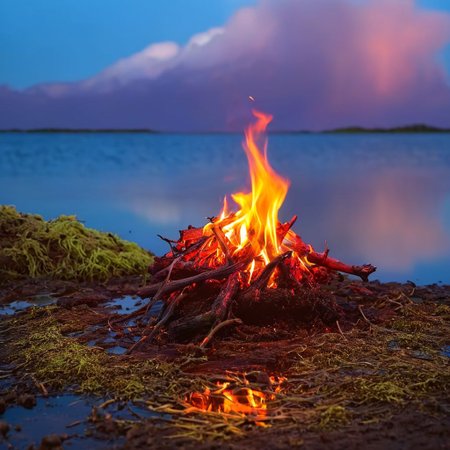 ▲ Close to: 
small fire at soil in center, fire on blue water with reflections, clay at foreground with green moss, land in background, purple sky, clouds in sky, 
