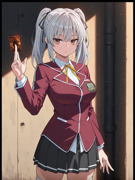 rein megumi,1girl,dark theme,card between fingers,duel academy uniform \(yu-gi-oh! 5d's\),card \(yu-gi-oh!\),solo,cowboy shot,sidelocks,standing,large breasts,closed mouth,black hair ribbon,yellow neck ribbon,red blazer,white collared shirt,black miniskirt,black border,white thighhighs,zettai ryouiki,expressionless,hand up, looking at viewer, 
masterpiece,best quality,amazing quality,very aesthetic,absurdres,newest,scenery,extreme detail,8k,light particles,soft lighting,volumetric lighting,intricate details,finely detailed,detailed eyes,<lora:Rain Megumi & Jackal Misaki illusXL v1:0.88>,